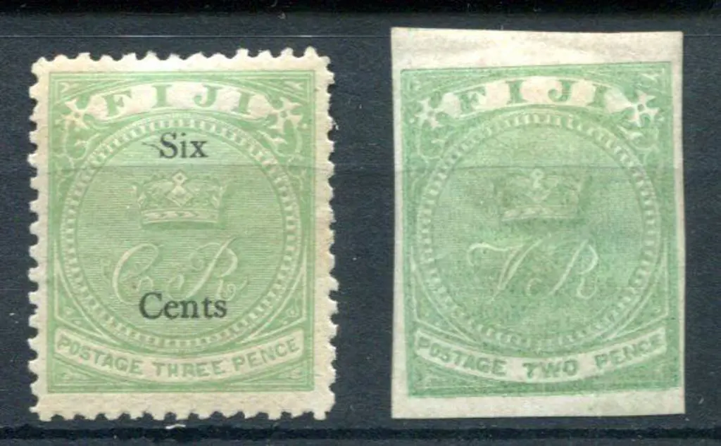 Fiji 1872 6¢ on 3d yellow-green (SG 14, Cat. £95) ... Image 1++