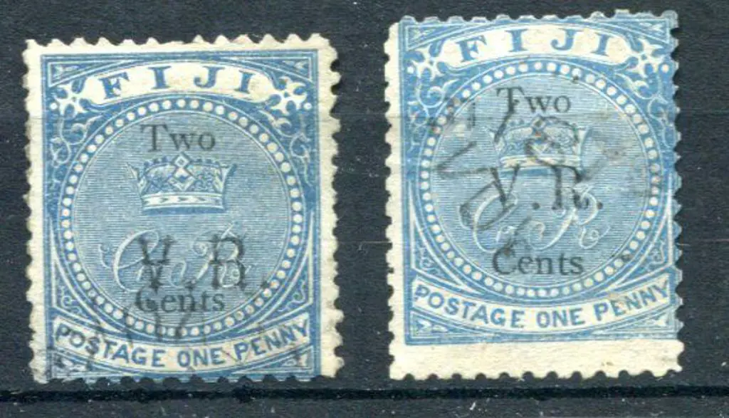Fiji 1874 2¢ on 1d blue with "VR" type 5 ovpt. & ... Image 1++