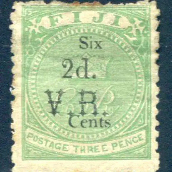 Fiji 1875 "2d." in black on "Six Cents" on 3d ...