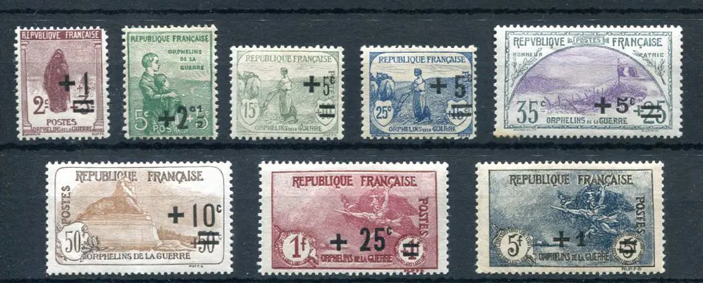 France 1922 War Orphans Fund surcharged set of 8. ... Image 1++