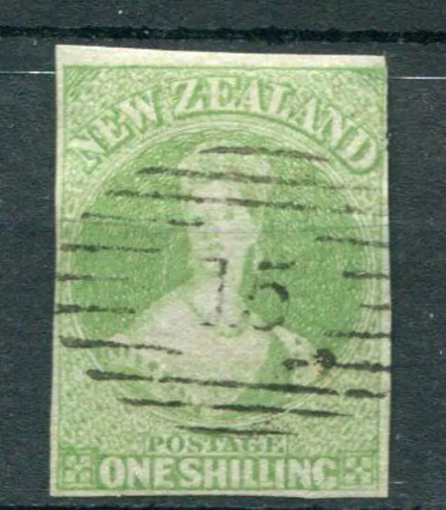 New Zealand 1855/59 1/- yellow-green on blue ... Image 1++