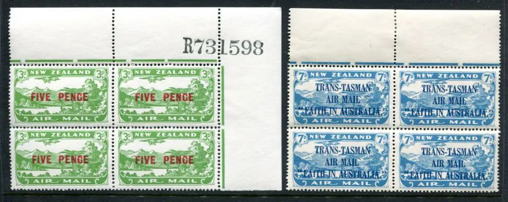New Zealand 1931 5d on 3d green Airmail & 1934 7d ... Image 1++
