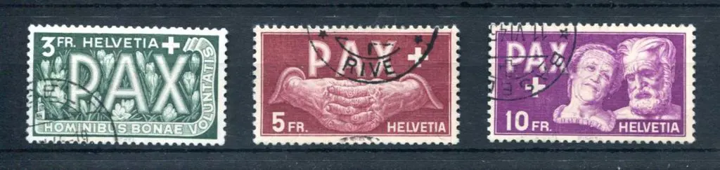 Switzerland 1945 3f to 10f Peace set of 3. Fine ... Image 1++