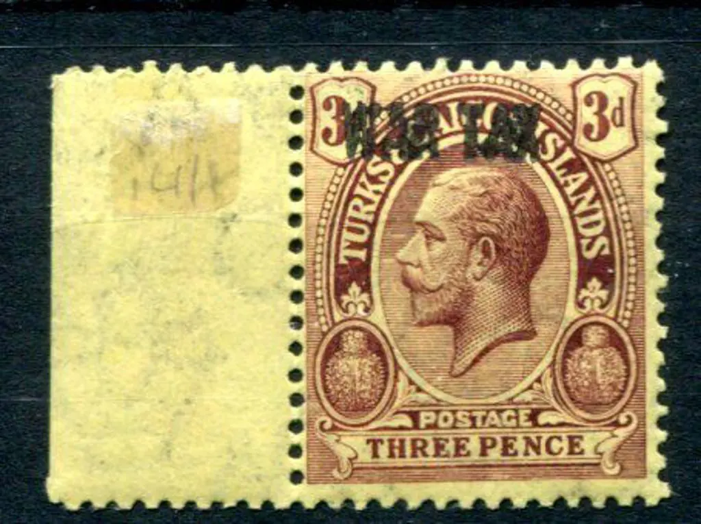Turks & Caicos 1917 3d purple on yellow left ... Image 1++