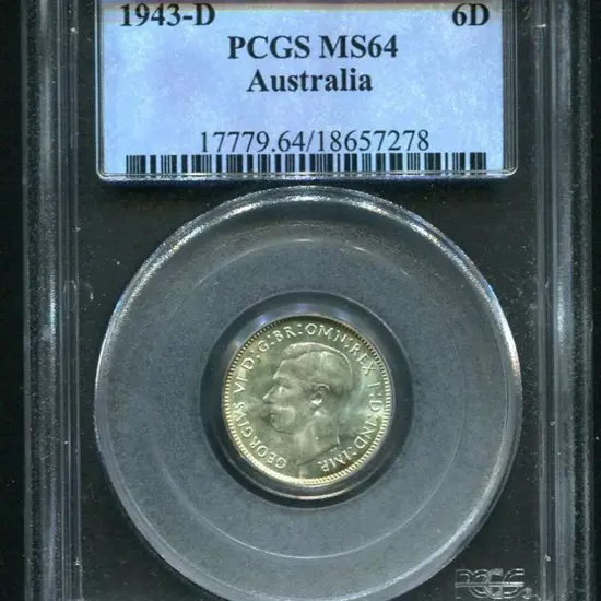 1943 (D) Sixpence. PCGS slabbed MS64