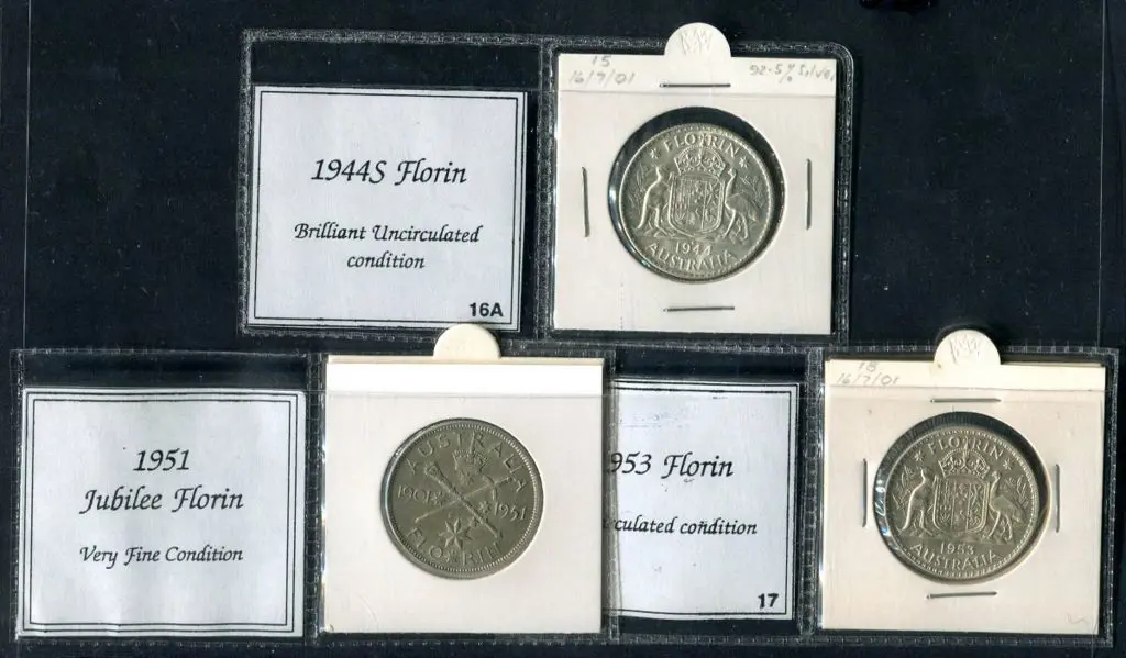 1944 (S) Florin Unc, 1951 Jubilee Florin & 1953 ... Image 1++
