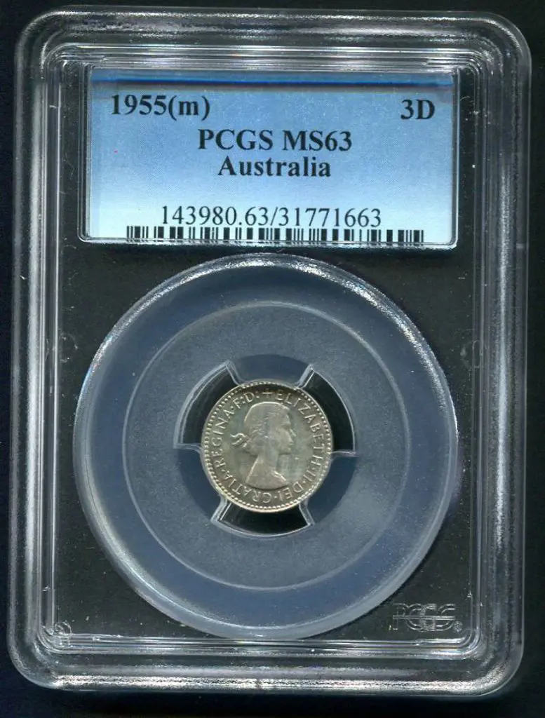 1955 (M) Threepence. PCGS slabbed MS63 Image 1++