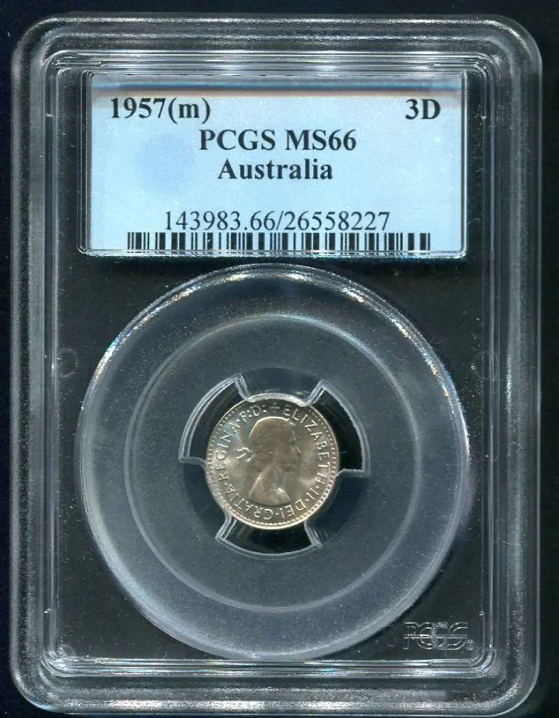 1957 (M) Threepence. PCGS slabbed MS66 Image 1++