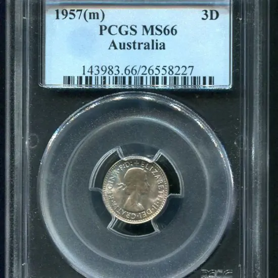 1957 (M) Threepence. PCGS slabbed MS66