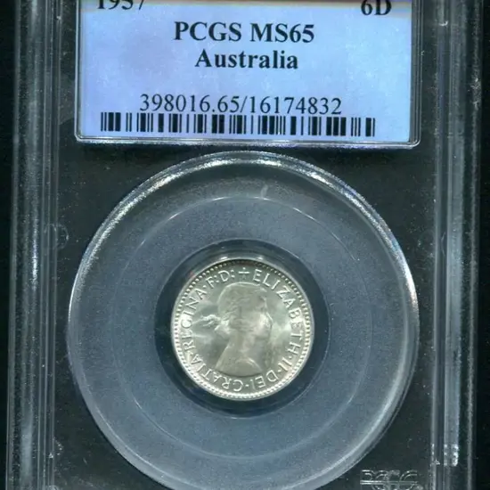 1957 Sixpence. PCGS slabbed MS65