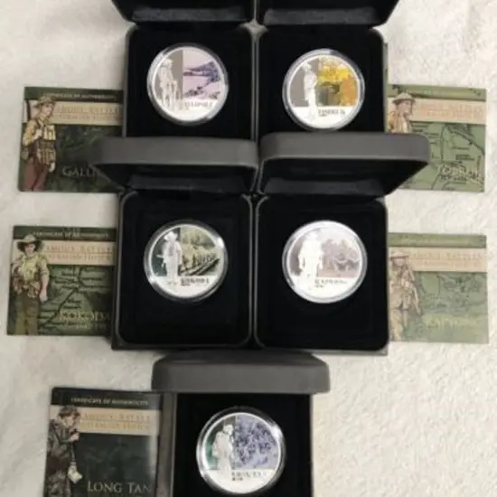 2012 $1 "Famous Battles" set of 5 silver 1oz coins ...