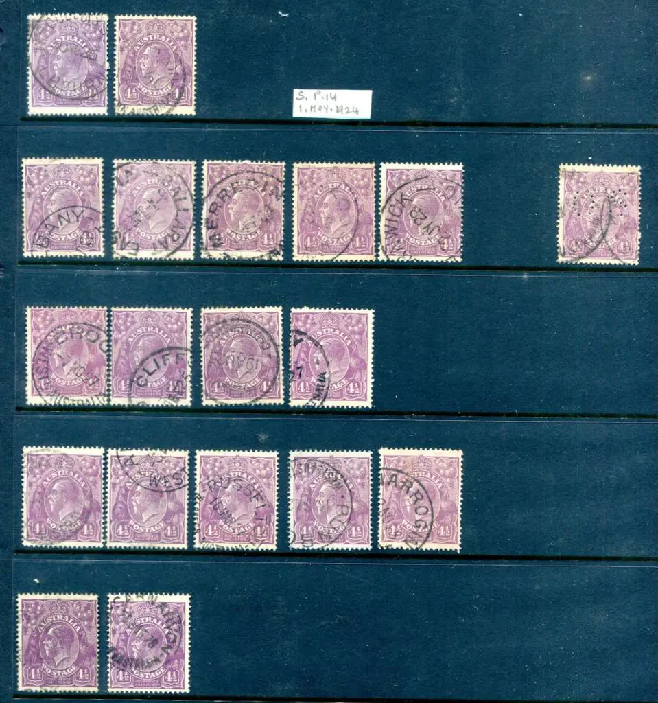 KGV 4½d violet single wmk x 19 incl an "OS", SMW ... Image 1++