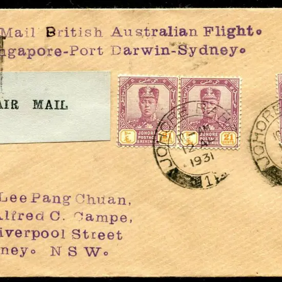 1931 (4th Apr) Johore to Sydney via Singapore & ...