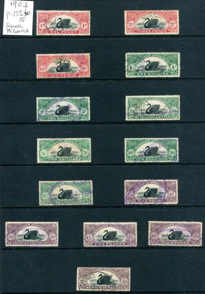 1904 1d to £25 bicolour swan Duty Stamp set of 14 ... Image 1++