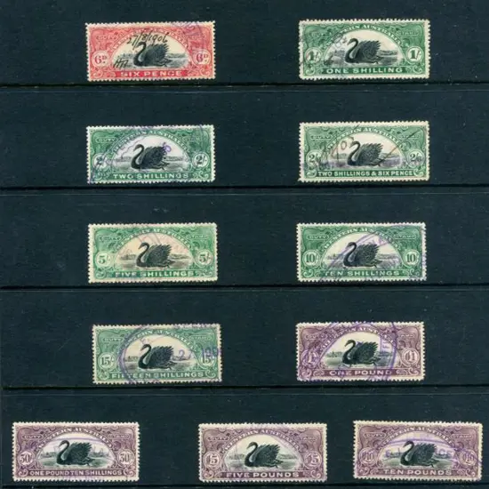 1904 1d to £25 bicolour swan Duty Stamp set of 14 ...