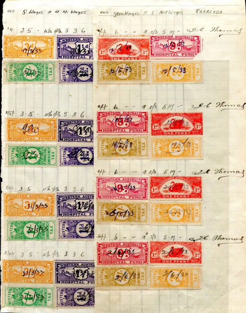 1933 Wages book with 12 Hospital Fund for 1½d x 4, ... Image 1++