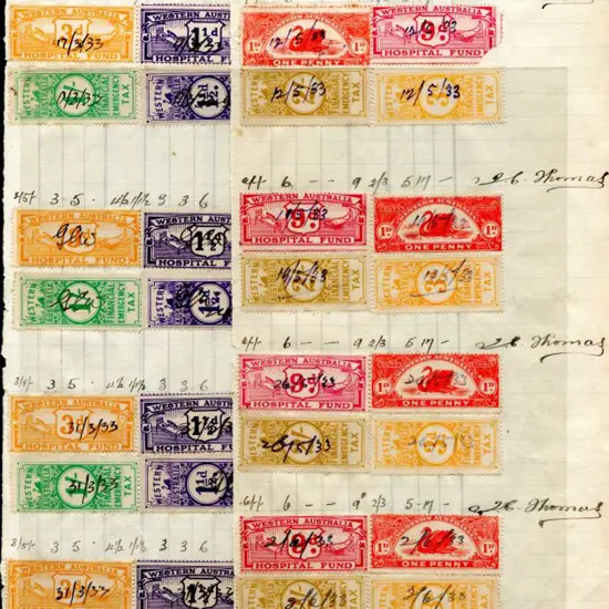 1933 Wages book with 12 Hospital Fund for 1½d x 4, ...