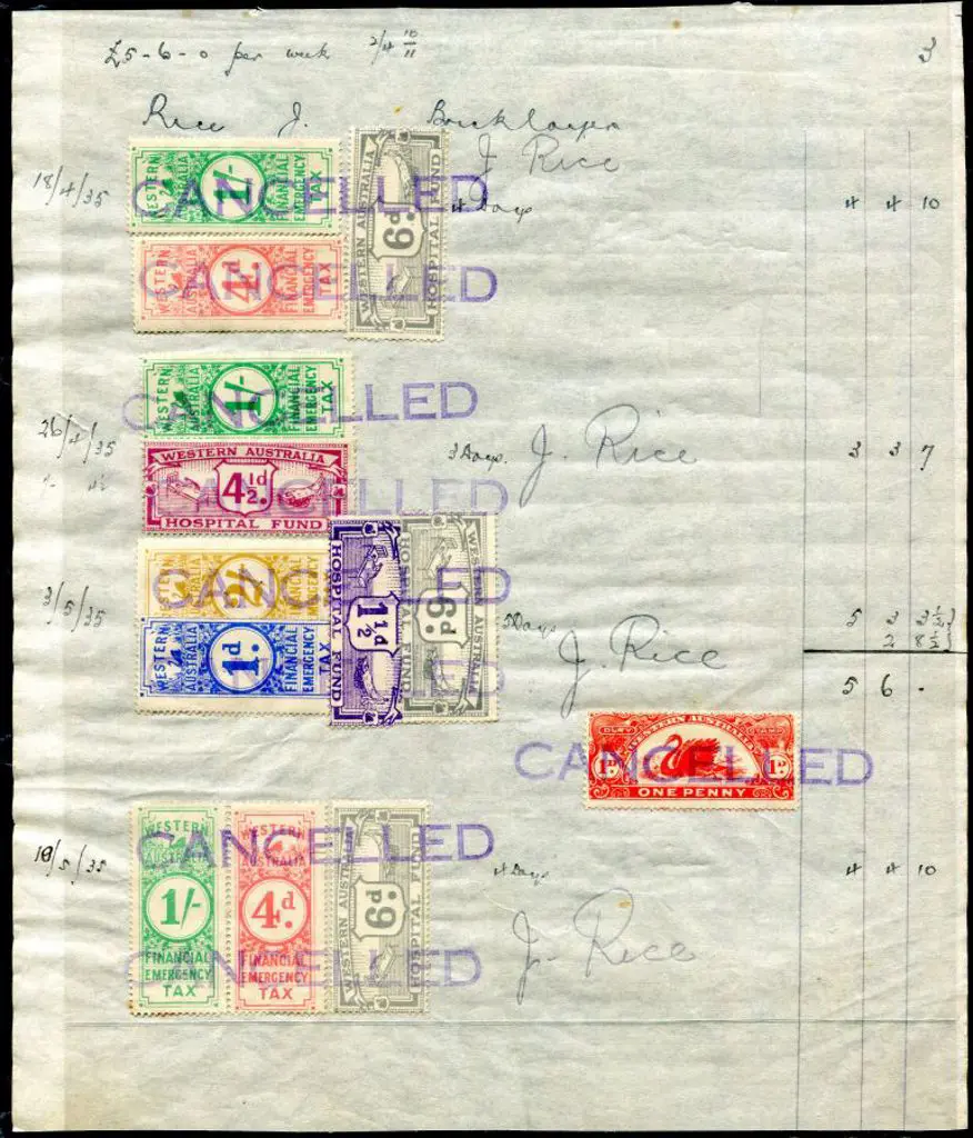 1935 Wages book page with 13 Revenues affixed ... Image 1++