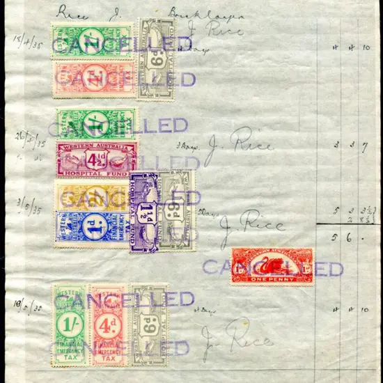 1935 Wages book page with 13 Revenues affixed ...
