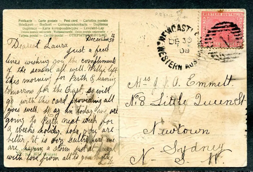 1909 (30th Dec) Coloured Postcard from WA to ... Image 1++
