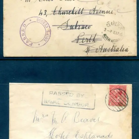 1915 H.M.A.S. "Australia" covers x 2 each with GB ...