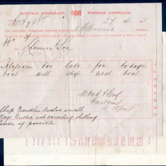 1885 "ELECTRIC TELEGRAPH WESTERN AUSTRALIA" ...