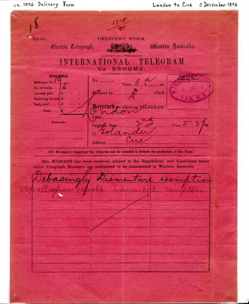 1896 (3rd Dec) WA Electrical Telegram via Broome ... Image 1++