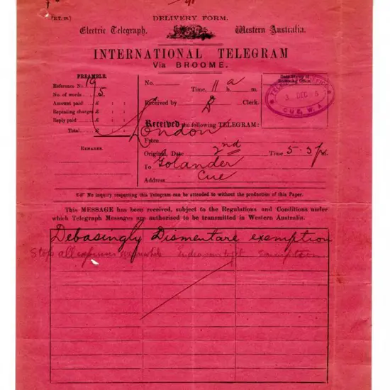 1896 (3rd Dec) WA Electrical Telegram via Broome ...