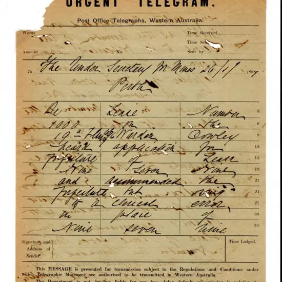 1897 (26th Jan) "URGENT TELEGRAM Post Office ...