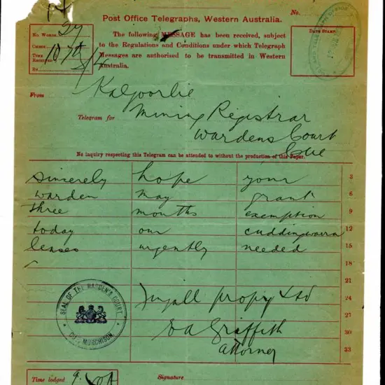 1903 (12th June) "Urgent Telegram" Post Office ...