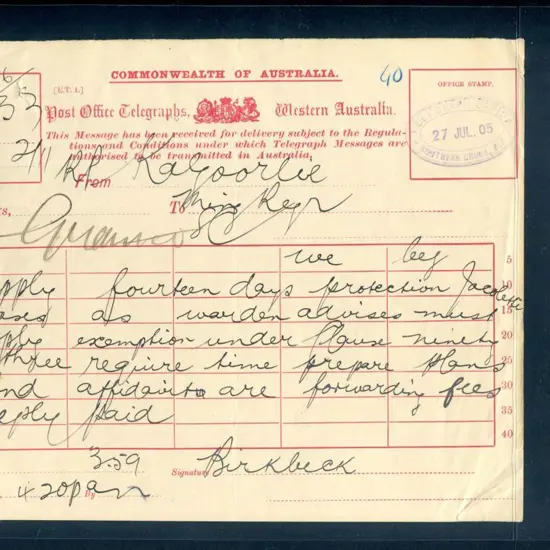 1905 (27 July) "Post Office Telegraphs, Western ...