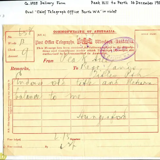 1905 (16th Dec) "Post Office Telegraphs, Western ...