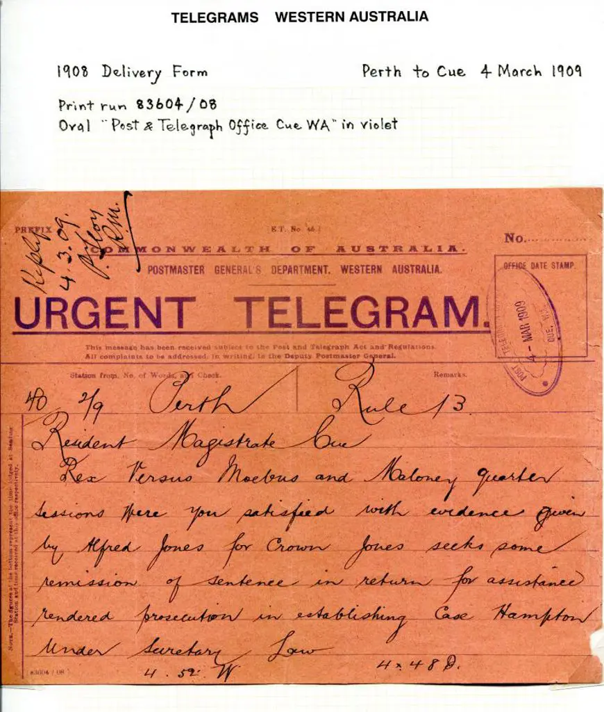 1909 (4th Mar) Perth to Resident Magistrate, Cue ... Image 1++