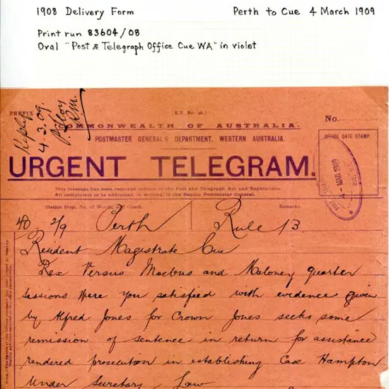 1909 (4th Mar) Perth to Resident Magistrate, Cue ...