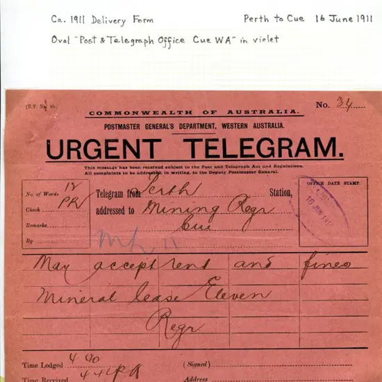1911 (16th Jun) Perth to Mining Registrar with ...