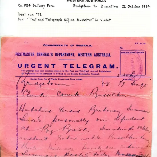 1918 (22nd Oct) Bridgetown to Clerk of Courts ...