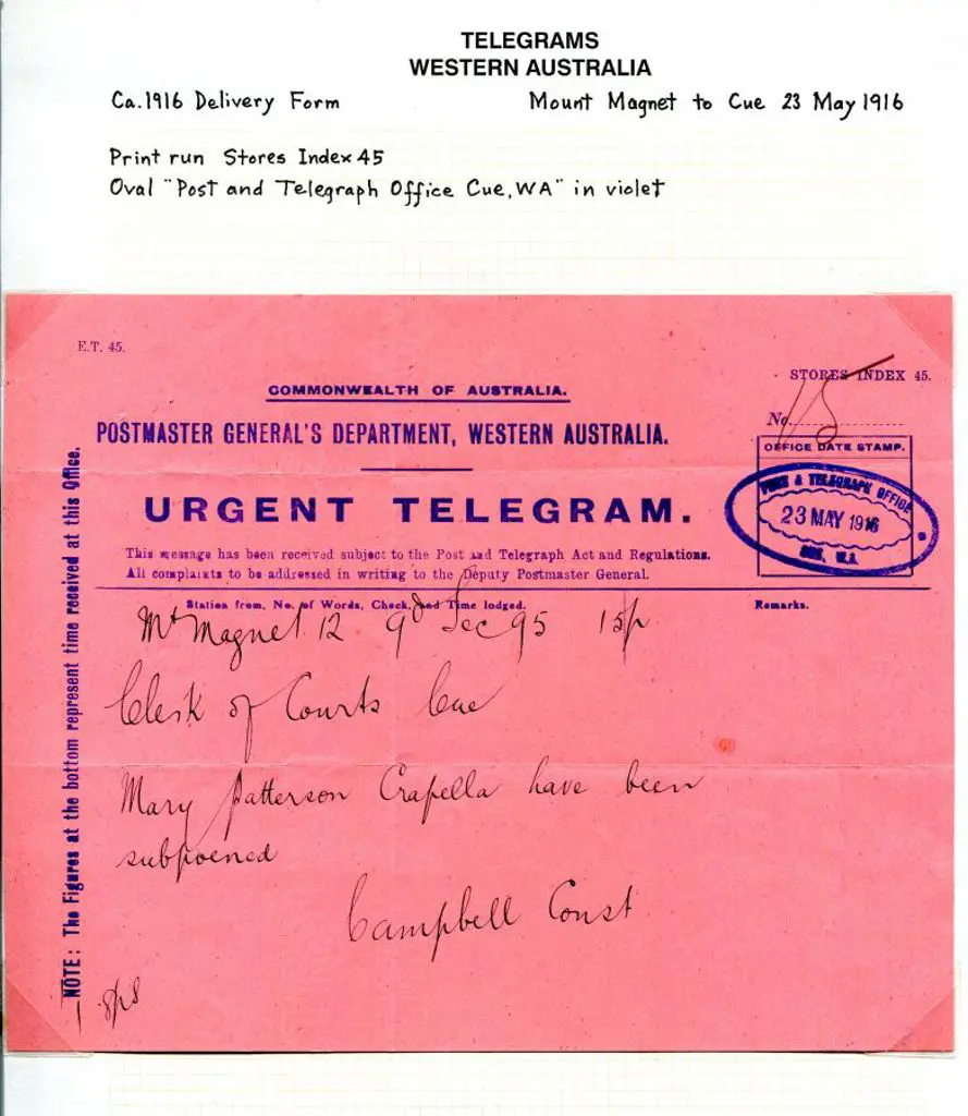1916 (23rd May) Mt Magnet to Clerk of Courts Cue ... Image 1++