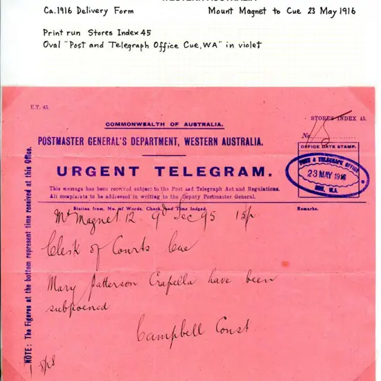 1916 (23rd May) Mt Magnet to Clerk of Courts Cue ...