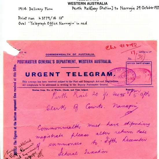 1917 (29th Oct) "Perth Rail" in m/s to Clerk of ...