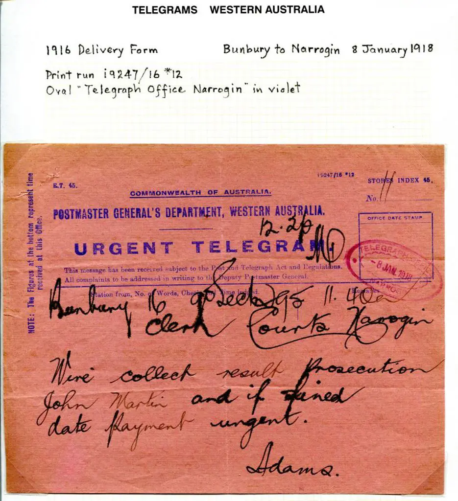 1918 (8th Jan) Bunbury to Clerk of Courts Narrogin ... Image 1++