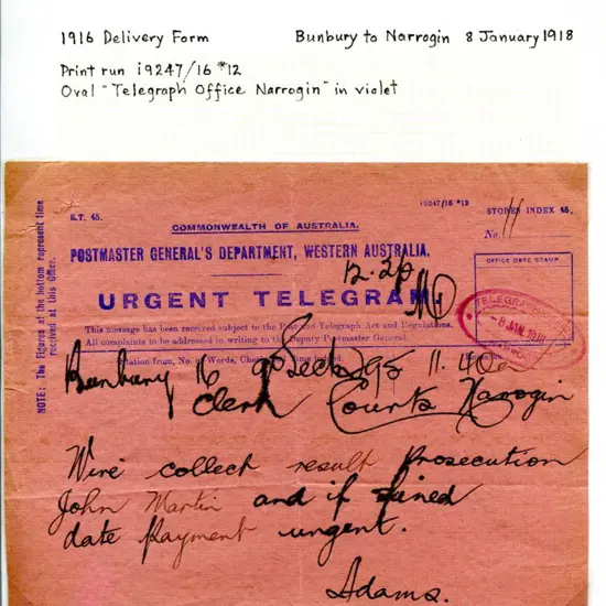 1918 (8th Jan) Bunbury to Clerk of Courts Narrogin ...