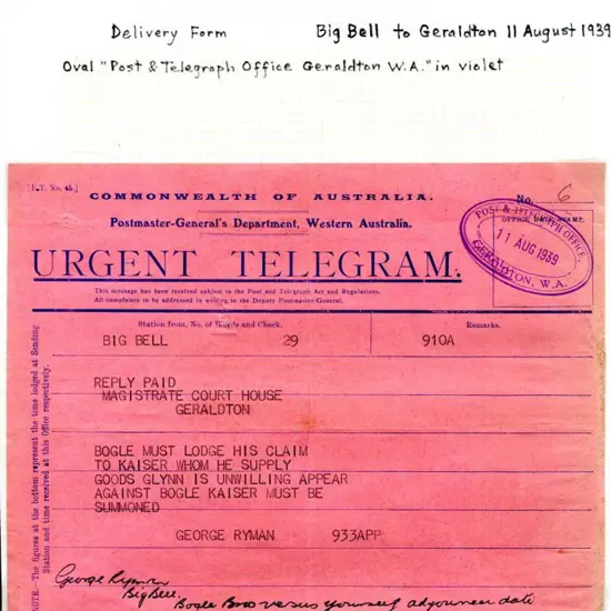 1939 (11th Aug) Big Bell to Magistrate Court ...
