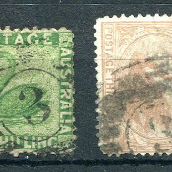 Number 3, 2 examples on 1/- sage-green, wmk CR/CC ...