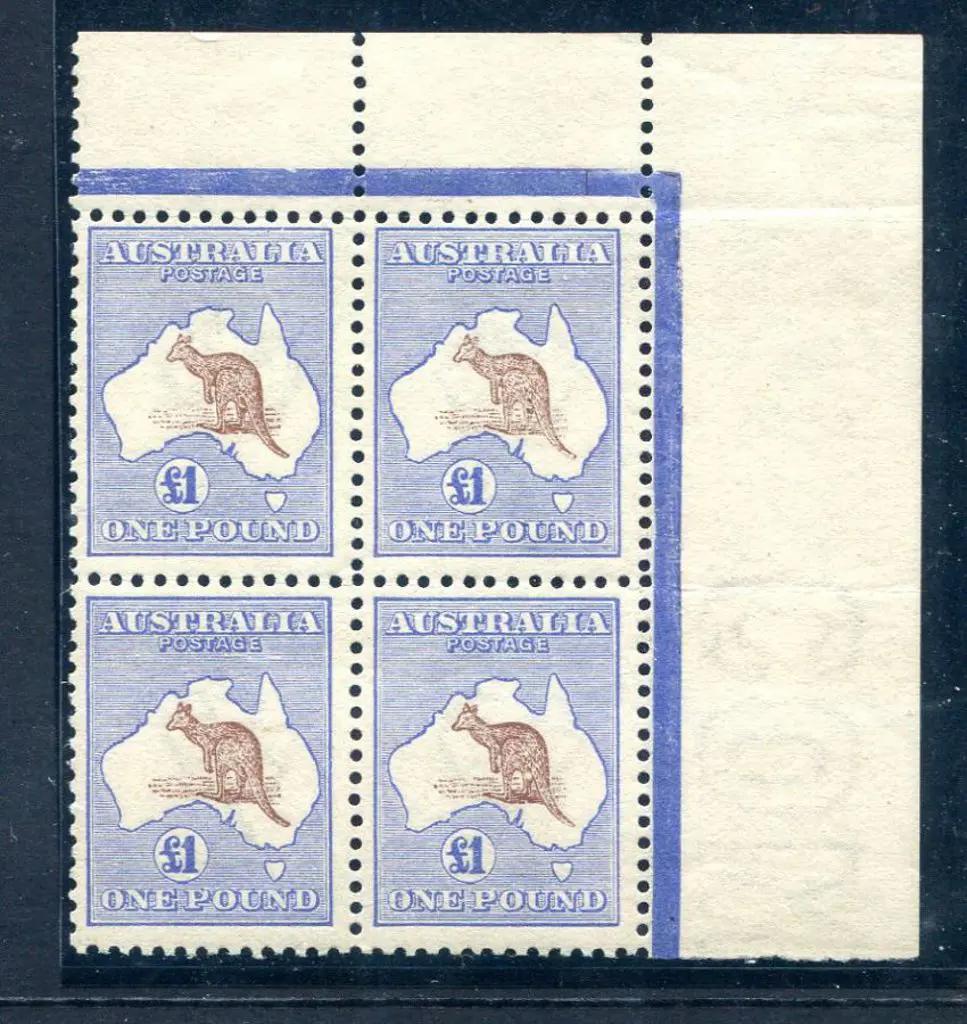 £1 brown & blue top right marginal corner block of ... Image 1++