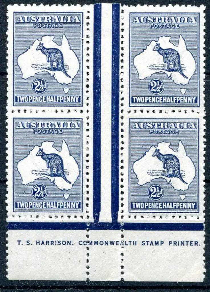 2½d blue Harrison one-line imprint block of 4 with ... Image 1++