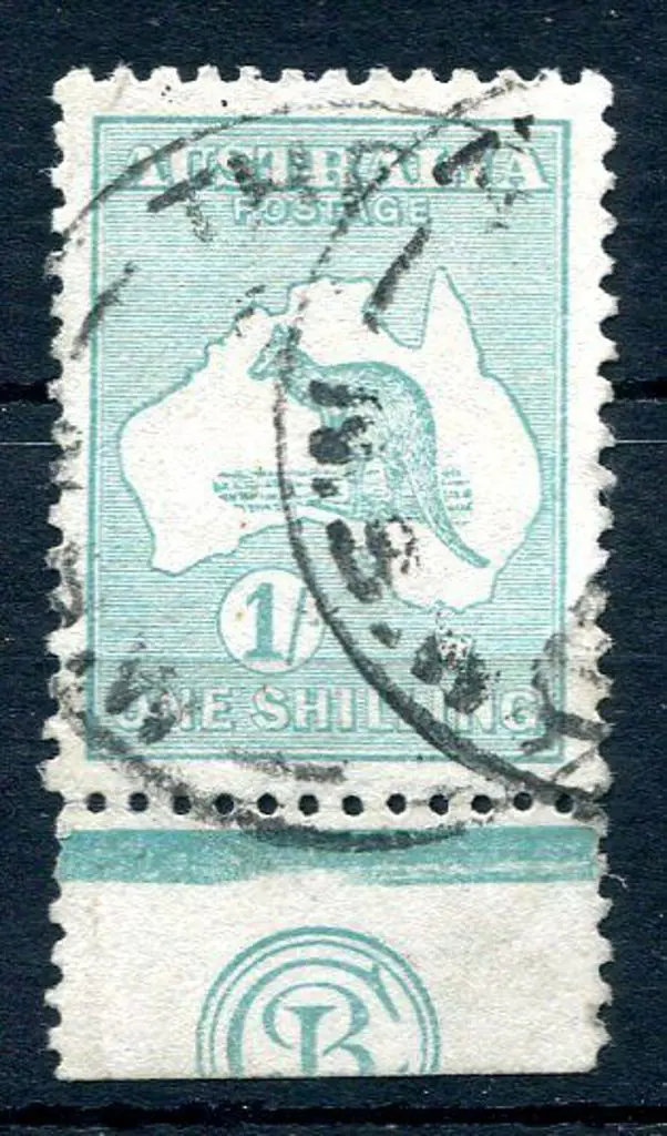 1/- blue-green, Die II in bottom selvedge single ... Image 1++
