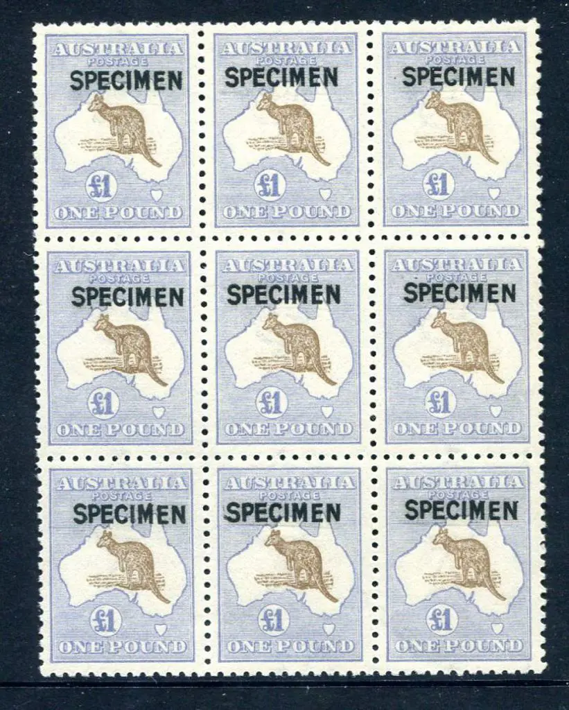 £1 chocolate & dull blue block of 9 ovptd ... Image 1++
