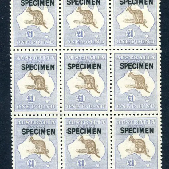 £1 chocolate & dull blue block of 9 ovptd ...