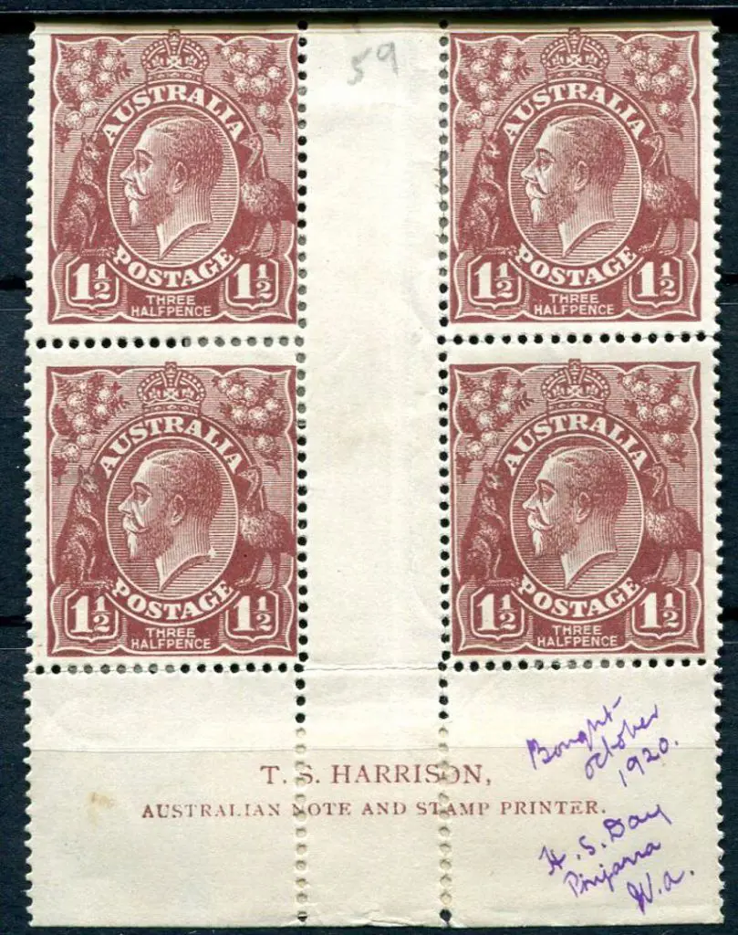 1½d purple-brown Plate 12 Harrison imprint block ... Image 1++