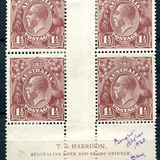 1½d purple-brown Plate 12 Harrison imprint block ...